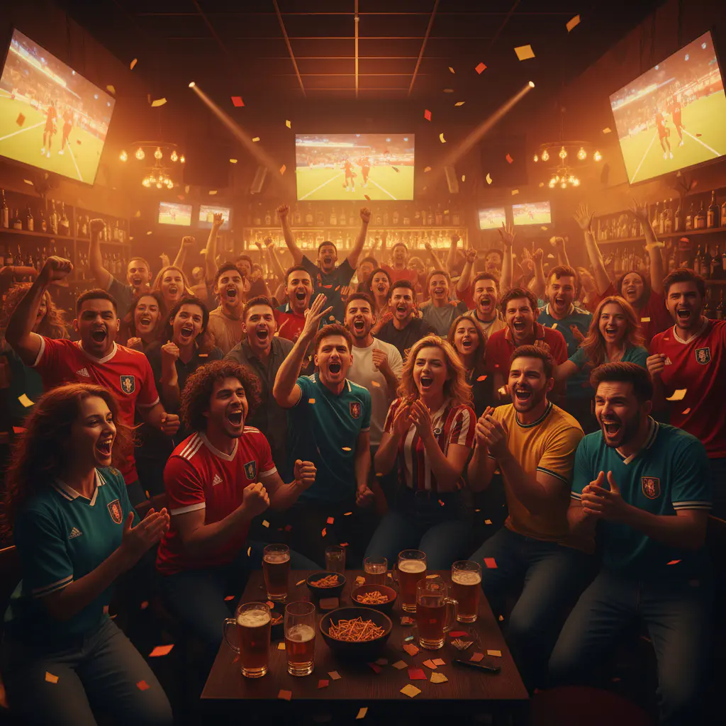 Fans cheering at a sports bar